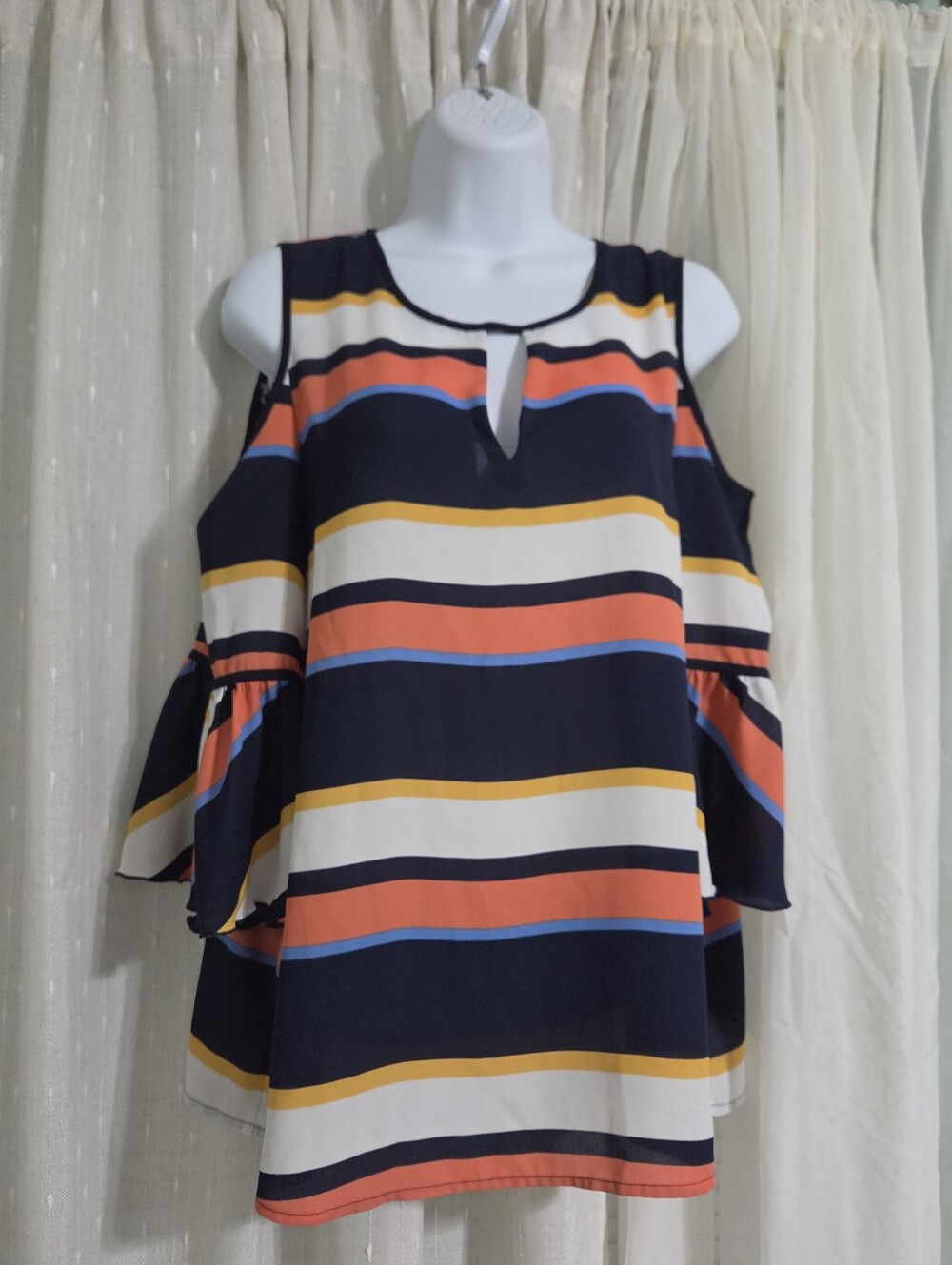 KARL LAGERFELD Striped Cold-Shoulder Top in Navy, Coral & White